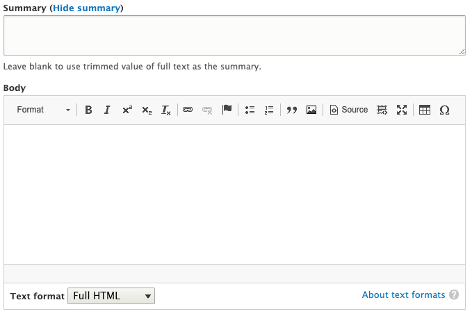 Drupal node body field, showing the expanded summary field.