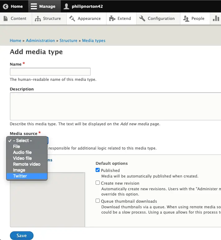 Drupal oEmbed, showing adding Twitter as a media source.