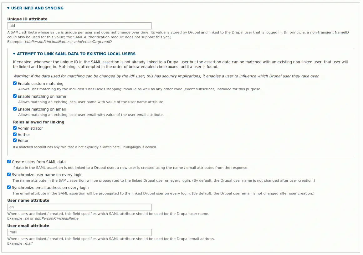 Drupal SAML auth administration page, showing the user synchronisation section.