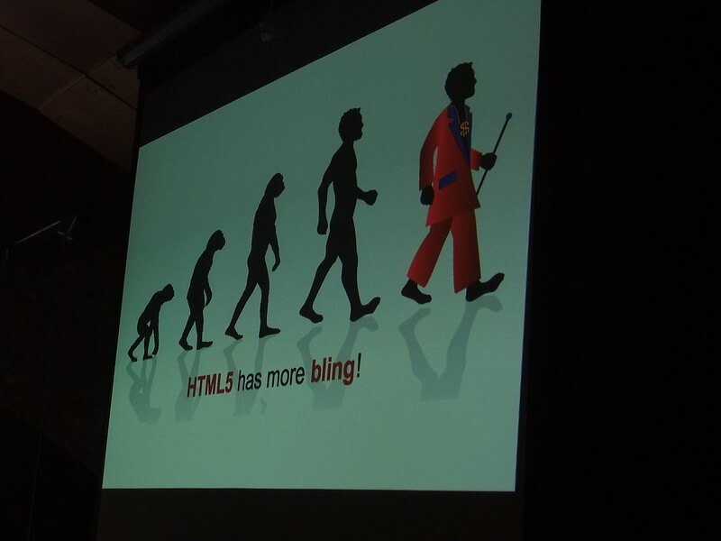 A picture of a slide depicting the evolution of HTML5.
