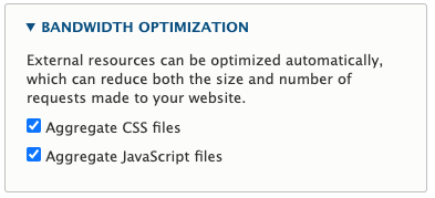 A screenshot from Drupal, showing the CSS and JavaScript aggregation dialog.