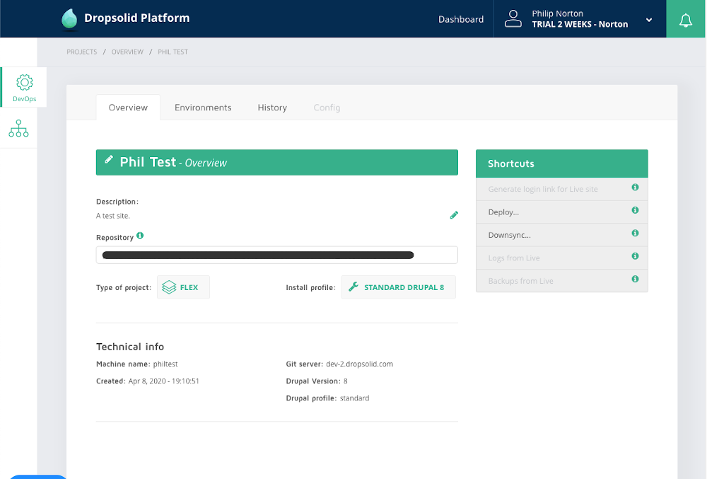 An overview of a development site on the Dropsolid platform.