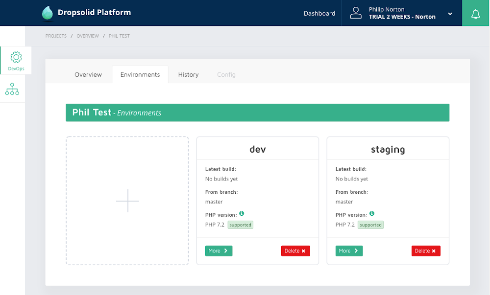 An overview of the environments available for a development site on the Dropsolid platform.