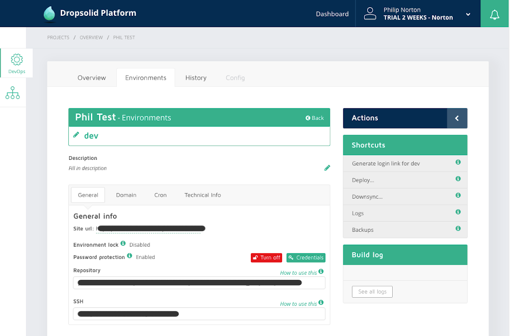 An overview of the available actions and configurations for the development environment in the Dropsolid platform.