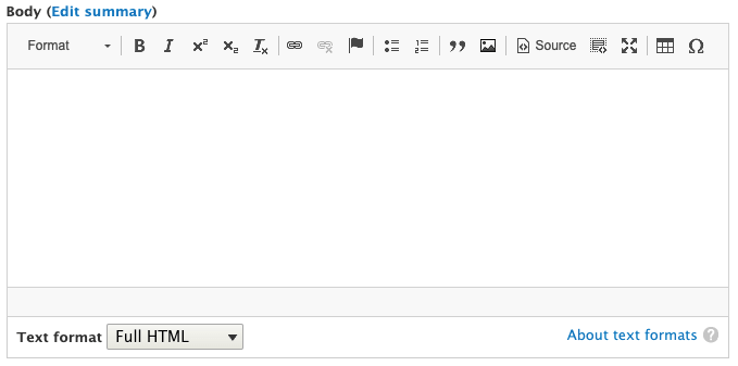 Drupal node body field, showing the collapsed summary field.