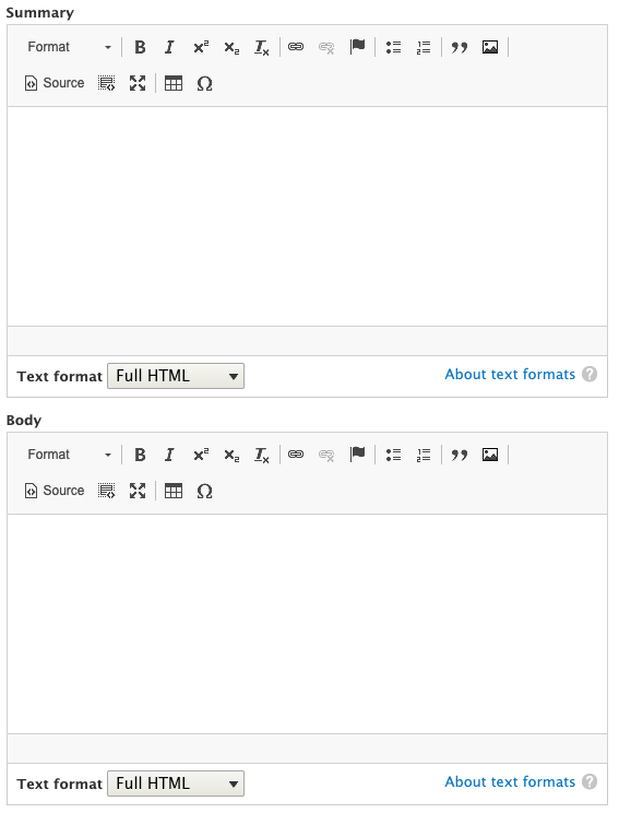 Drupal node body field, showing the summary and body fields.