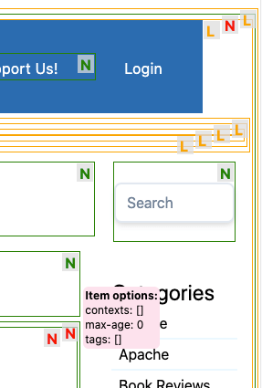 A screenshot of the Cache Review module in action. Showing a block with cache turned off and that bubbling to the top of the page.