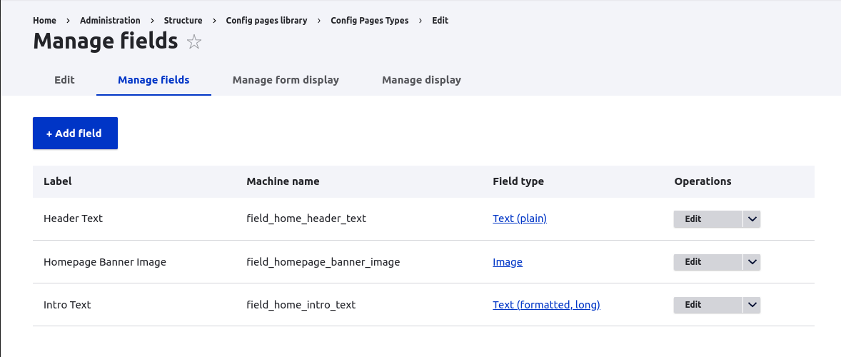 A Drupal site showing a config pages entity with fields.