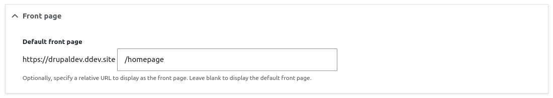 The Drupal homepage configuration dialog, configured to show the path /homepage.