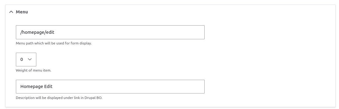 The Drupal Config Pages configuration for the menu. 