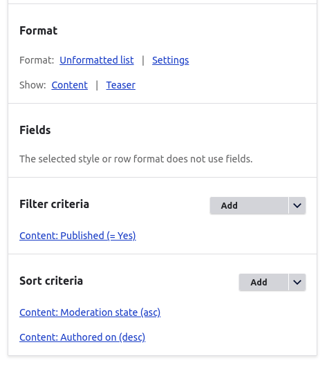 The administration of a Drupal view, showing how to sort articles by their content moderation state.