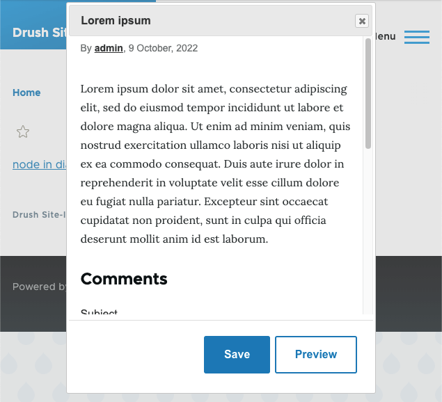 A screenshot of a Drupal dialog window, showing a node page with comments pushing the buttons into the dialog.