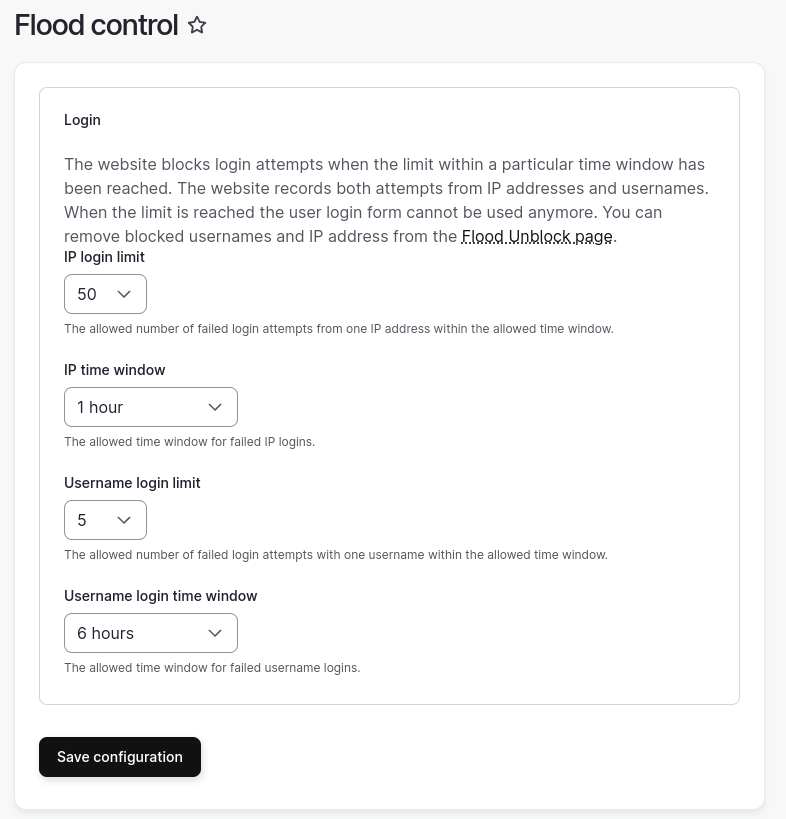 A screenshot of the Flood Control module main form in the Drupal backend. Showing the different form options that can be set.