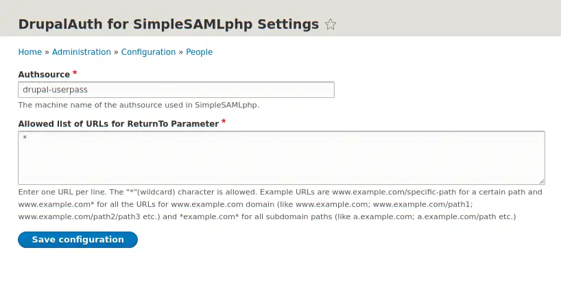 Drupal auth 4 SimpleSAMLphp administration page, showing default settings.