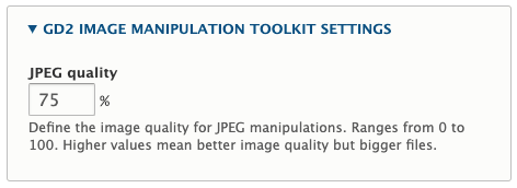 The Drupal image quality settings page, showing a lower value in the JPEG quality.