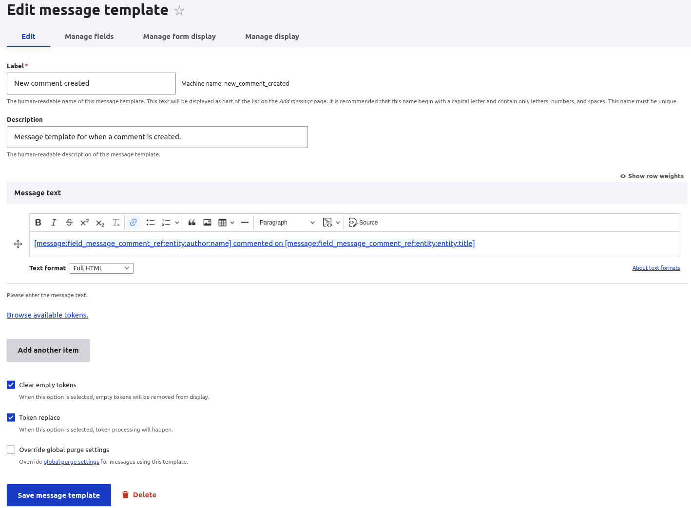 The message template edit form, showing the template for a new comment being created.