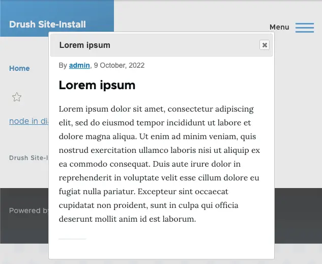 A screenshot of a Drupal site, showing a modal dialog window opened via a controller.