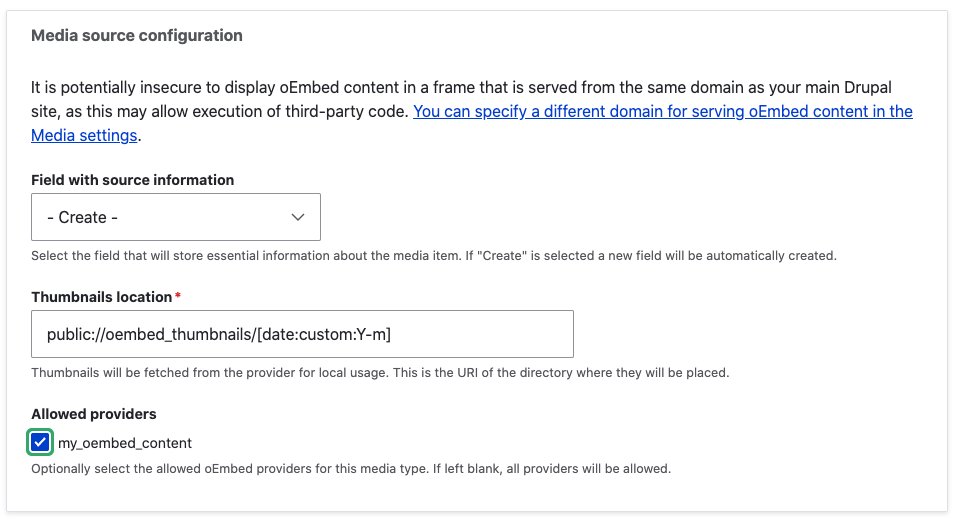 A screenshot of the Drupal media source selection dialog, showing the further configuration of the media selection dialog.