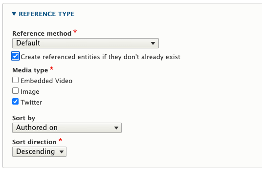 Drupal oEmbed, showing the media reference options in the media field.