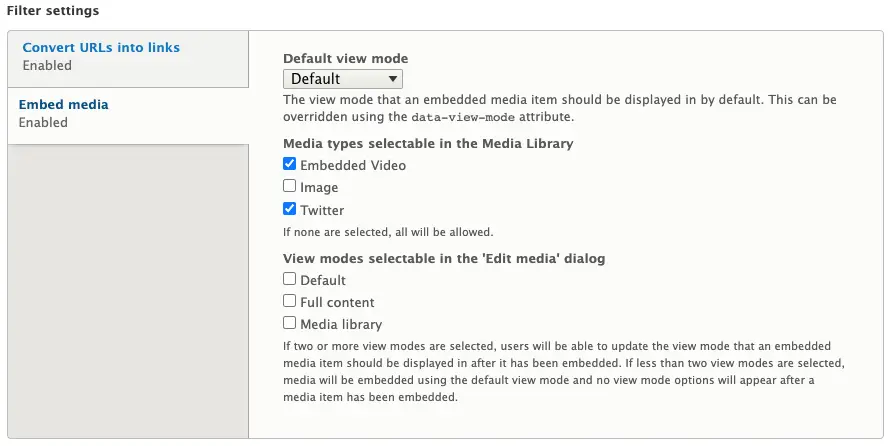 Drupal oEmbed, showing adding Twitter as a embeddable source in the media embed options.