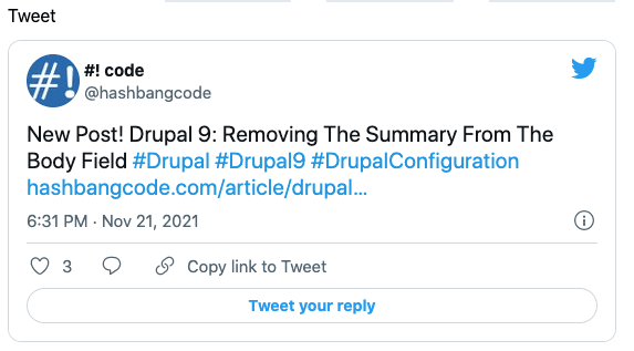Drupal oEmbed, showing a rendered Tweet using a referenced media entity.