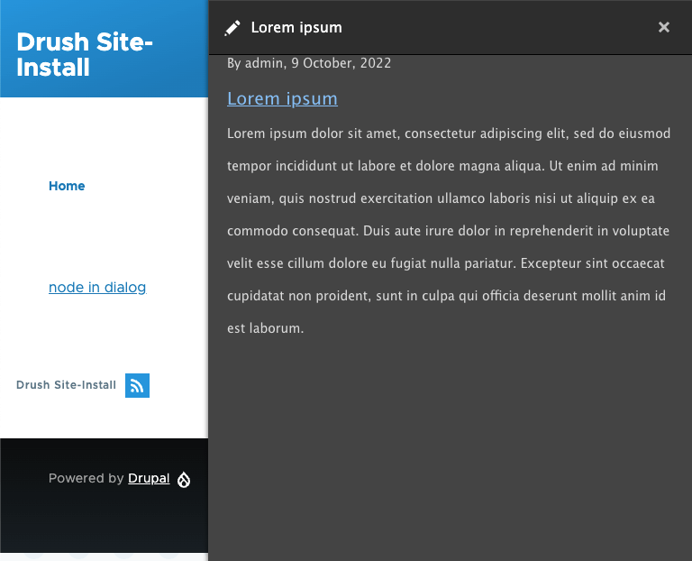 A screenshot of a Drupal off-canvas dialog window, showing a rendered Drupal node.