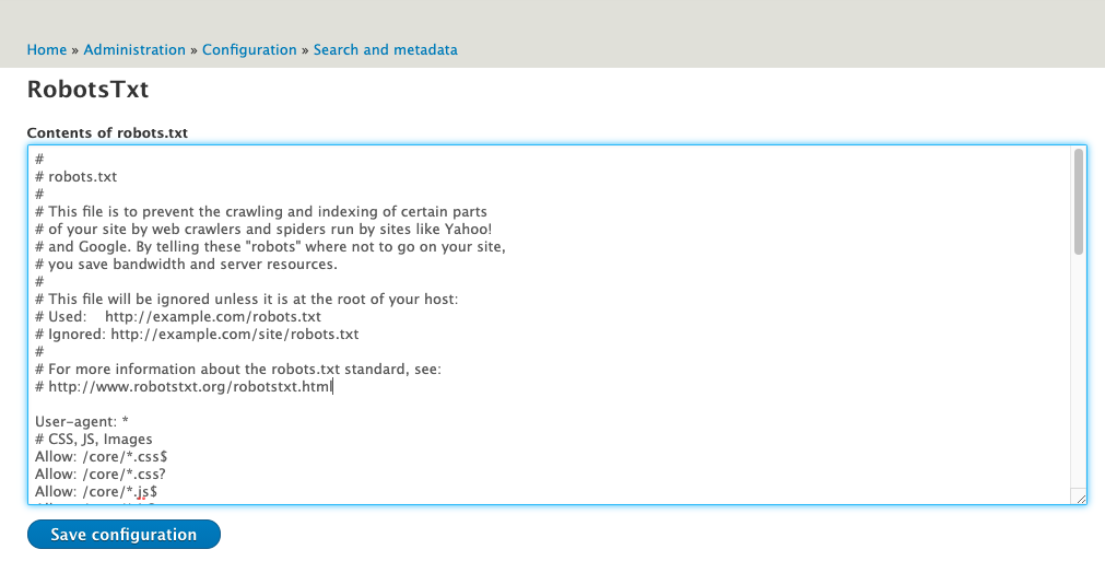 Drupal RobotsTxt module admin screen