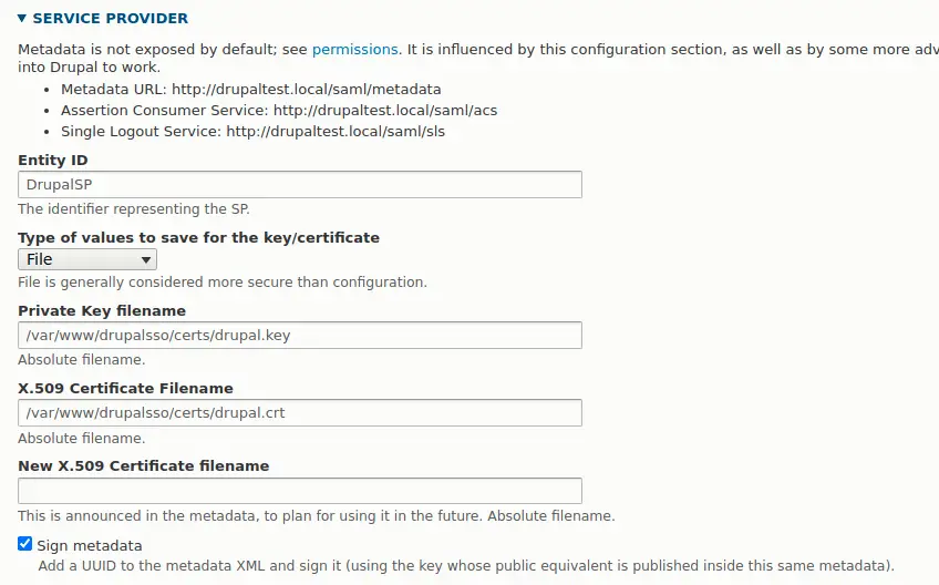 Drupal SAML authentication module configuration, showing the service provider section.