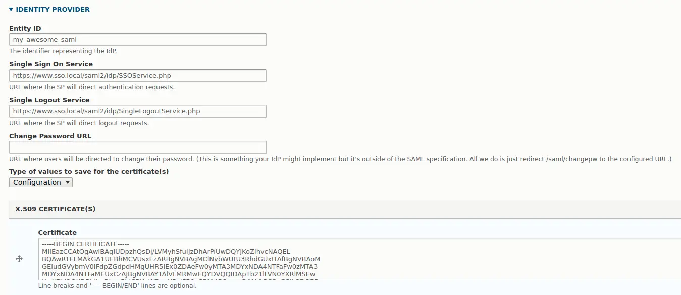 Drupal SAML authentication module configuration, showing the identity provider section.