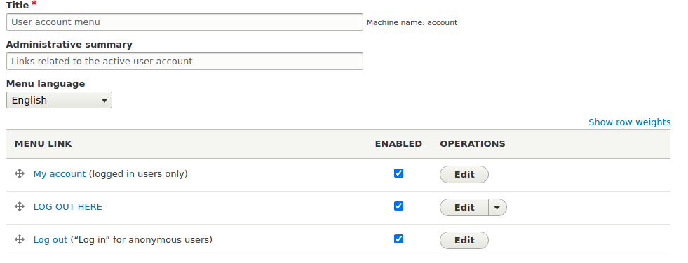 Drupal SAML user login menu link, showing the administration screen for the users menu.