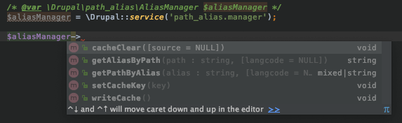 Using docblock comments in PHPStorm to show the methods inside a Drupal service object.