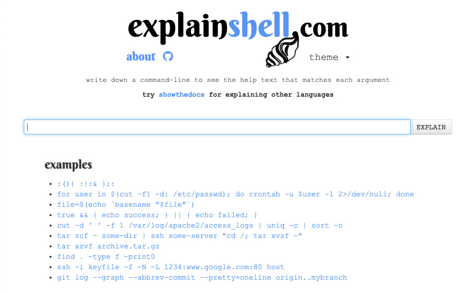 A screenshot of the explainshell.com homepage