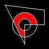 An image with a black background and white lines in a sort of triangle shape and two concentric circles. The middle of the concentric circle is filled in with red.