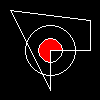 An image with a black background and white lines in a sort of triangle shape and two concentric circles. The innermost circle has been filled in with red.