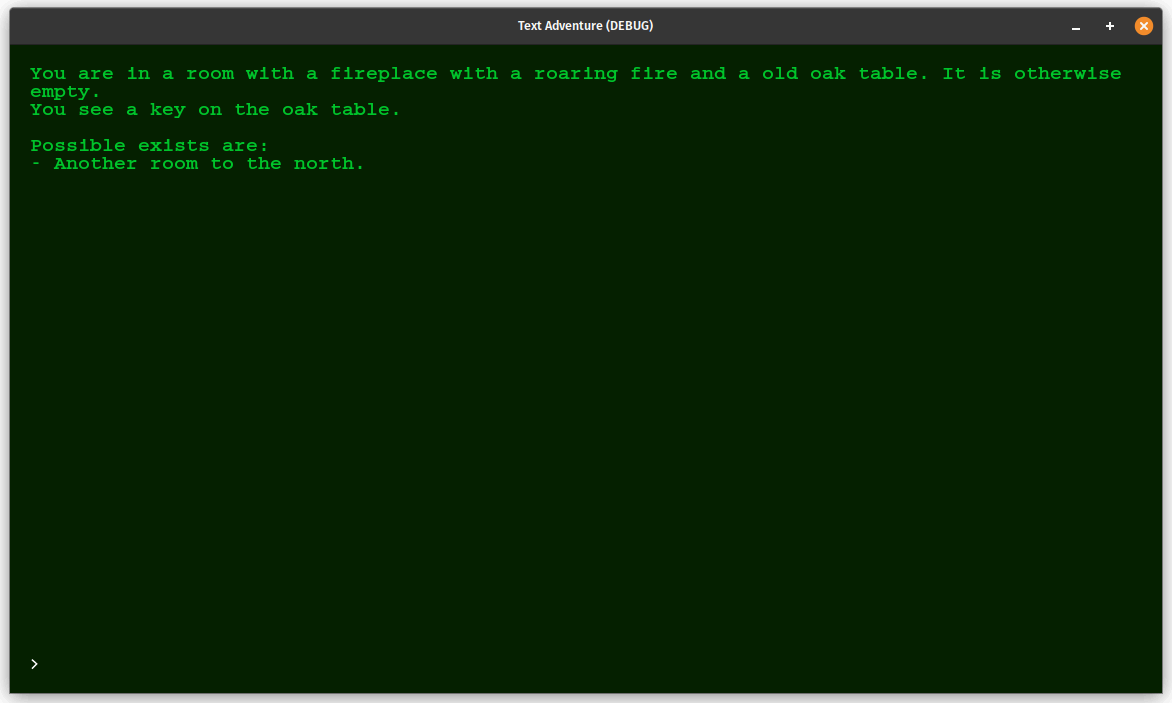 The Godot text adventure running in it's completed version.