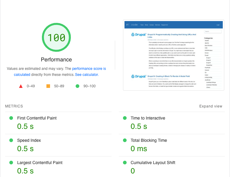 A screenshot of the Google PageSpeed score result for this site. Which is 100 percent.