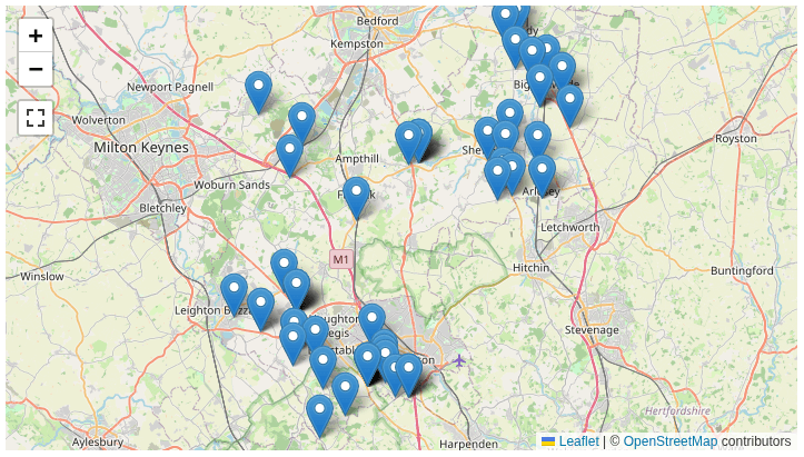 A map of Central Bedfordshire, showing the geolocated locations of park home licences. There are a about 20-30 little blue pointers on the map.