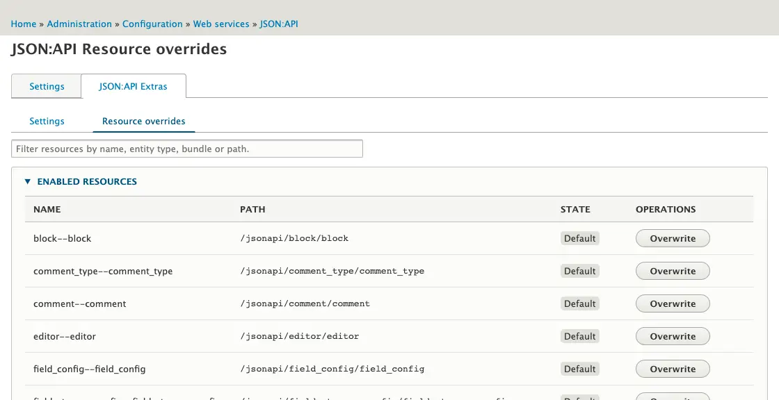 The JSON:API Extras module administration interface.