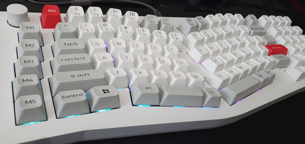 A close up angle of the left hand side of the Keychron Q13 Pro. Showing the macro keys and the knob.