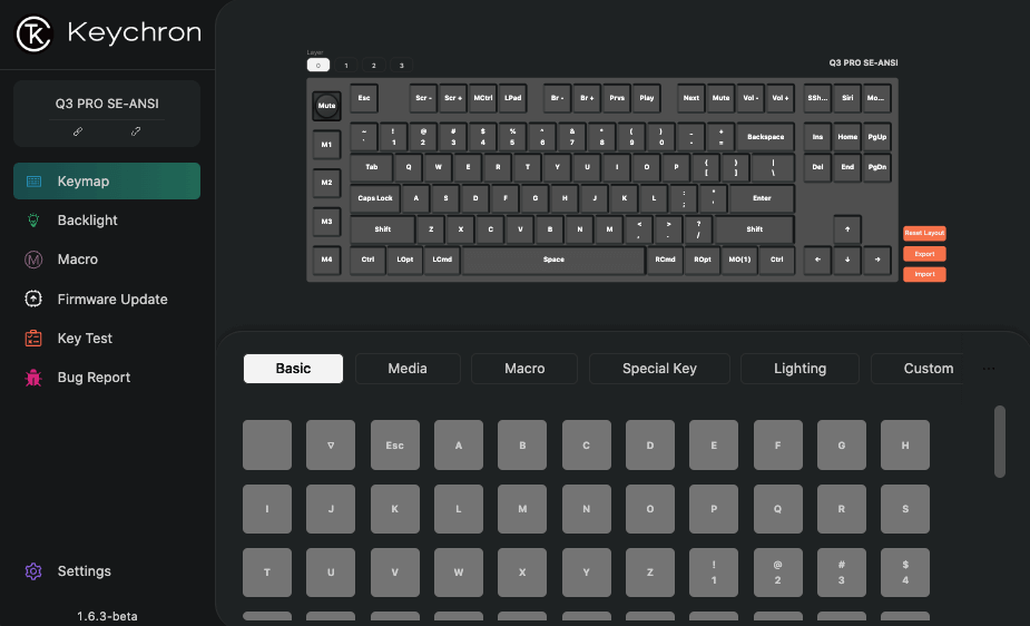 A screenshot of the Keychron launcher app, showing the Keychron Q3 Pro SE keyboard being configured.