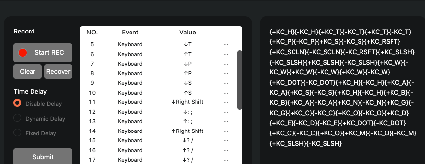 A screenshot of the Keychron launcher app, showing a macro being recorded.