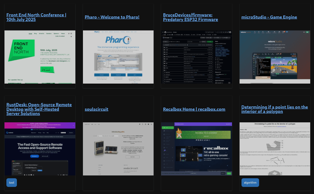 A preview of the link directory created on hashbangcode. This shows 8 links in a 4x2 grid.