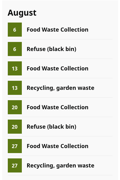 The LocalGov Drupal Waste Collection module output, showing food waste collection, refuse collection, and recycling collection schedules.