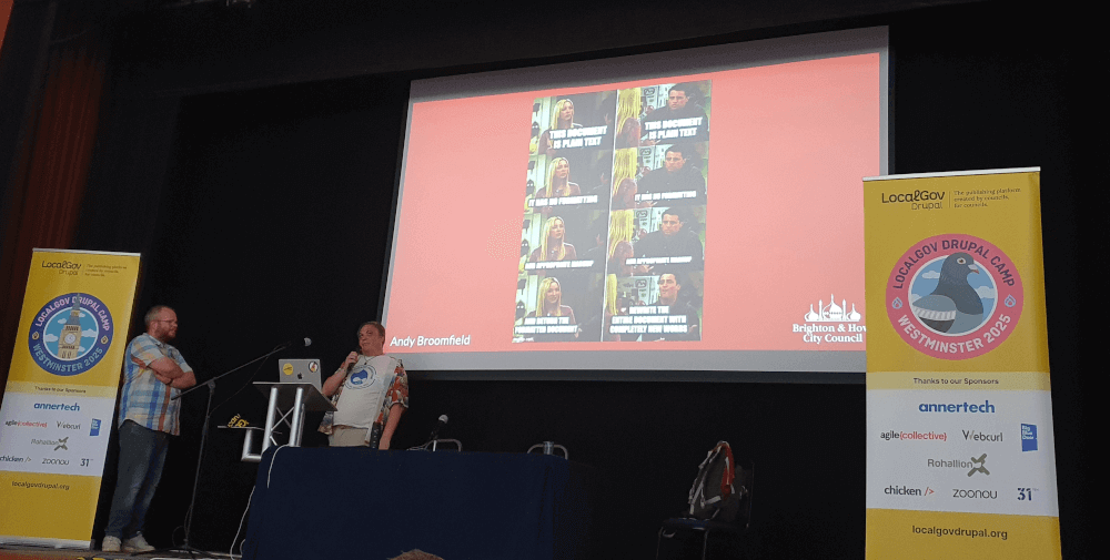 Andy Broomfield on the main stage at LocalGov Drupal 2025, talking about using AI to extract data from PDF documents.
