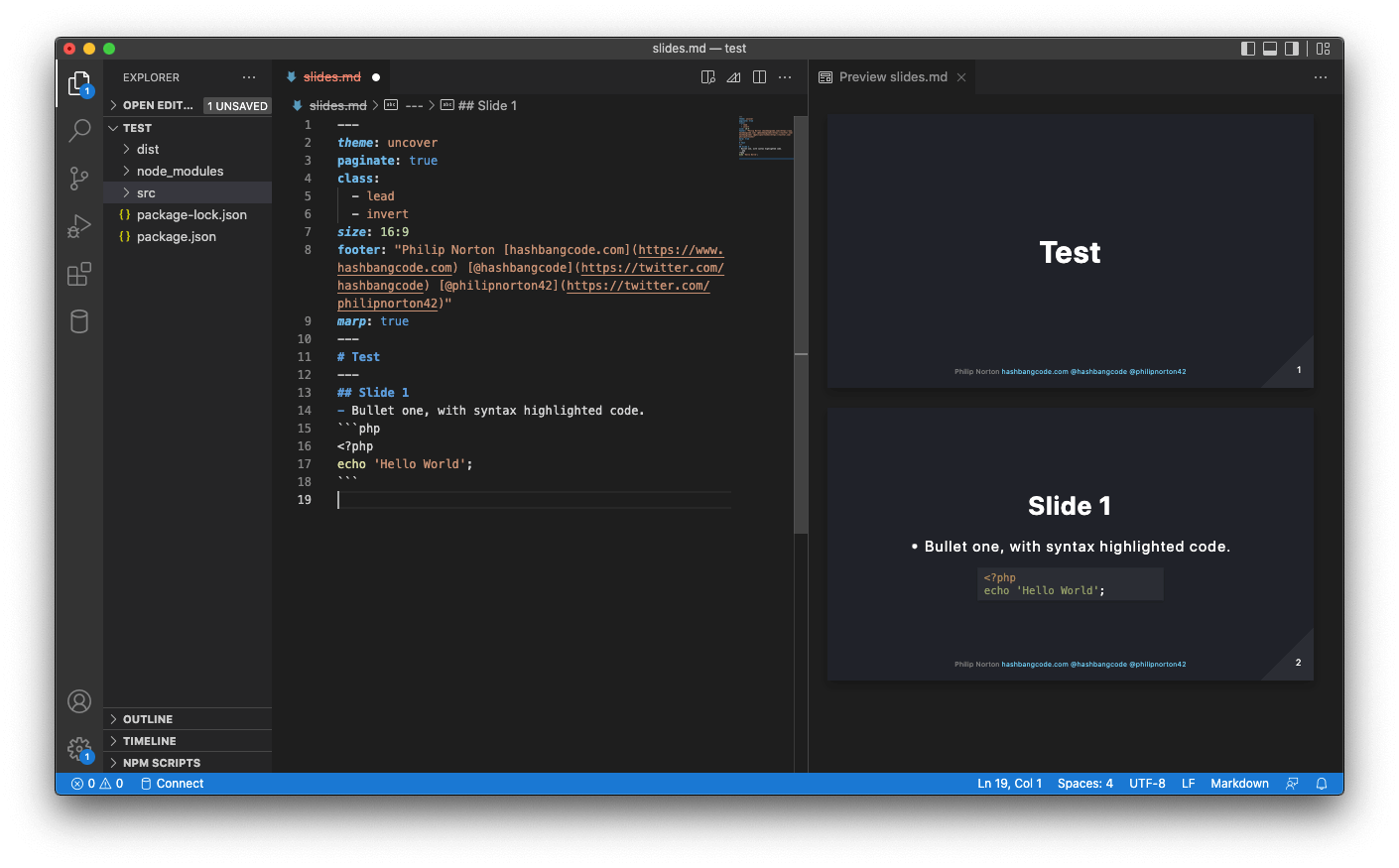 A screenshot of VS Code, showing the Marp preview plugin.