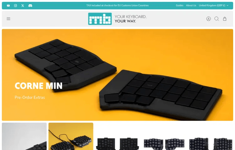 A screenshot of the Mechboards website, a popular keyboard webiste. It is showing the new Corne Min keyboard on the homepage. A black, two part, keyboard on a yellow background.