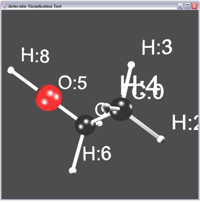 MSc project molecular viewer, showing a molecule of ethanol.