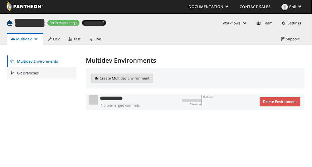 Pantheon multi-dev environment dashboard.