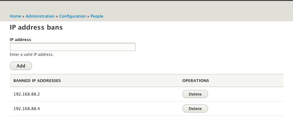 The Drupal Ban module user interface, showing a couple of banned IP addresses.