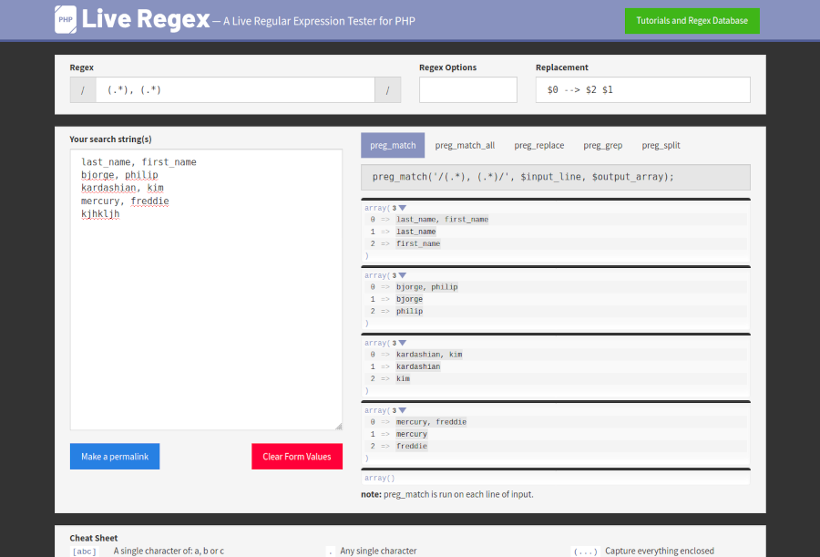 Screenshot of the PHP Live Regex tool.